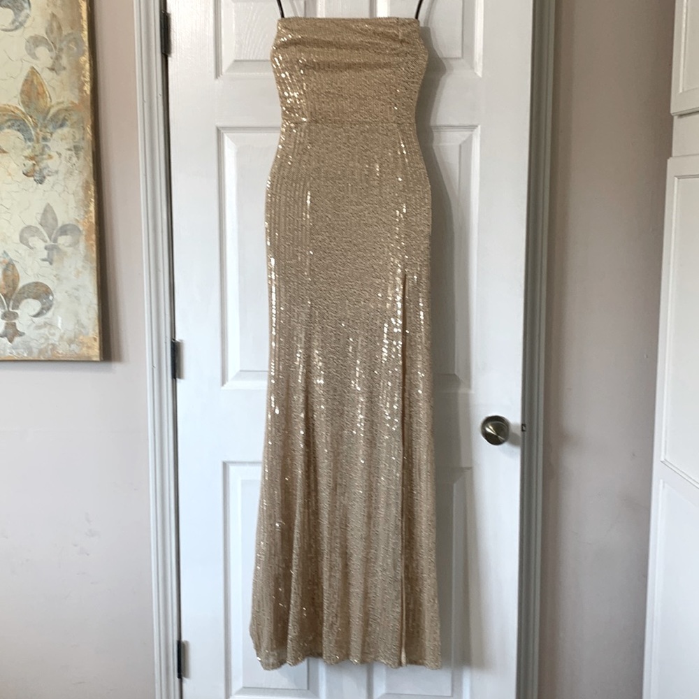 Maniju Gold Sequin Strapless Dress